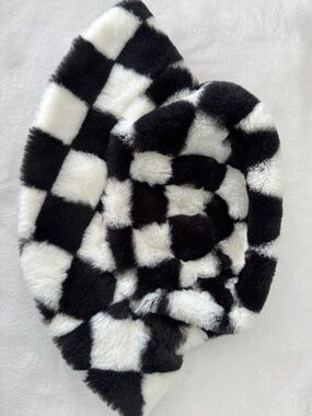 Claire's Black & White Faux Fur Checkerboard Bucket Hat